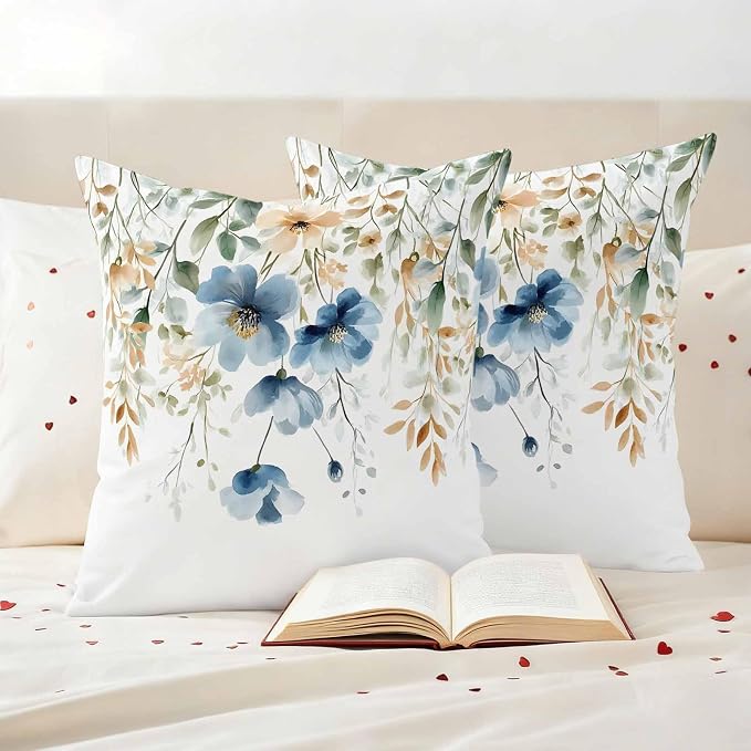 Blue Spring Floral Waterproof Outdoor Pillow Covers 20''x20'' Set of 2, Weeping Botanical Patio Furniture Summer Cushion Covers for Chairs, Decorative Wildflowers Pillow Cases for Garden/Pool/Beach