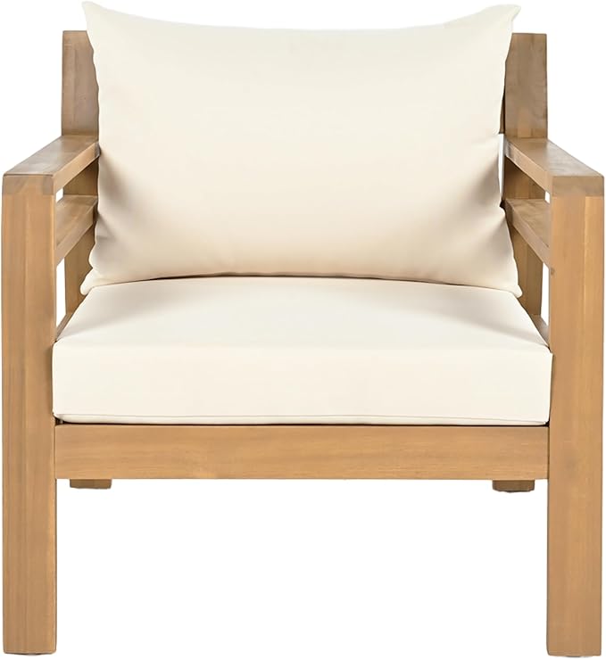 Merax Outdoor Acacia Furniture Set, 4 Pieces Patio Sectional Conversation Chat 4-Seat Sofa Set with Coffee Table and Club Chairs for Garden, Backyard, Balcony, Light Teak Finish, Beige Cushion