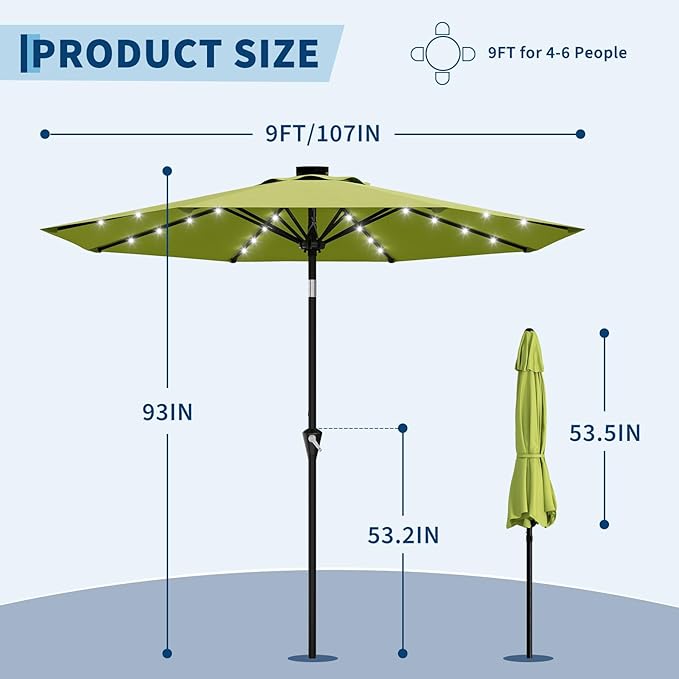 Garvee 9FT Solar Patio Umbrella with 32 LED Lights - Outdoor Table Umbrella with Crank Lift, Push Button Tilt and 8 Sturdy Ribs - Market Umbrella UV Protection for Pool, Deck, Yard, Garden