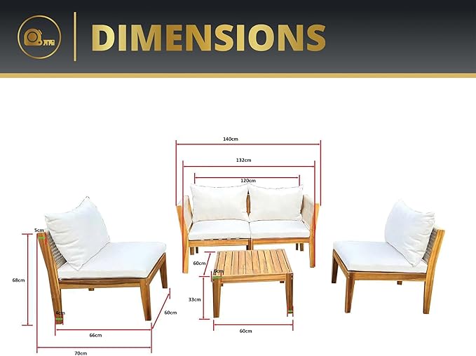 Kinger Home Steven 5-Piece Acacia Wood Outdoor Patio Furniture Set with Cushions Stylish and Durable Compact Wood Patio Furniture Set for Gardens, Decks, and Balconies