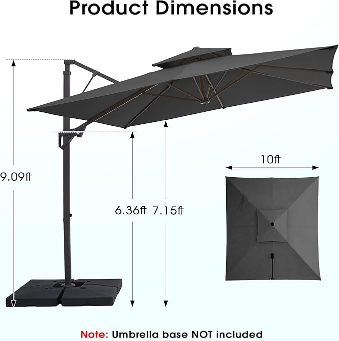 JEAREY 10ft 2-Tier Cantilever Patio Umbrella, Large Square Outdoor Offset Umbrella with Double Top Vent and 360-degree Rotation for Garden, Deck, Pool, Patio, Gray