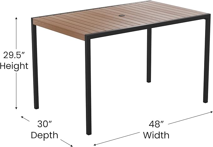 Flash Furniture Lark Outdoor Steel Dining Table with Umbrella Hole - Faux Teak Poly Slatted Top - Commercial Grade Table-Black Frame-30x48 Table Seats up to 4 Adults