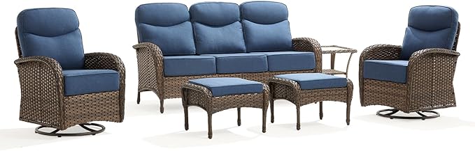 Outdoor Swivel Rocking Chair Patio Set (6-Piece), High-Back - Thick Cushion Swivel Rocking Chair Patio Set, All-Weather Wicker Patio Furniture Set, Suitable for Balcony Patios, Brown/Blue