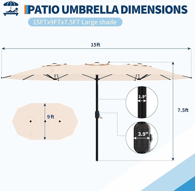 GarveeTech 15FT Double-Sided Rectangular Patio Umbrella with Base – Large Outdoor Market Umbrella for Poolside, Lawn & Backyard, Oversized Shade for 4-6 Person Tables