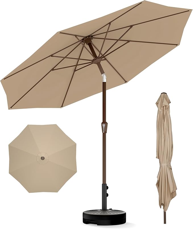 BRIOPAWS 9FT Patio Umbrella with Base Included | Outdoor Table Umbrellas | Push Button Tilt & Crank | 8 Sturdy Fiberglass Ribs | Waterproof | Heavy Duty for Garden Lawn DeckBackyard & Pool