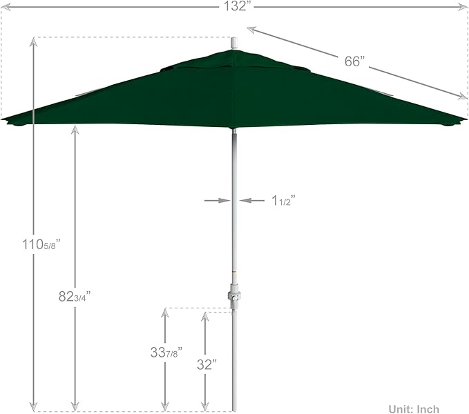 California Umbrella 11Ft Fiberglass Rib Patio Umbrella, Hand-Crank, Tilt-Collar, White Frame, Solution Dyed Hunter Green Fabric