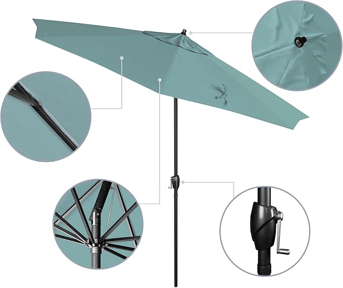 California Umbrella 12-Year Protection 9' Rd Aluminum Patio Umbrella, Crank Lift, Auto Tilt, Black Finish, Sunbrella Aruba