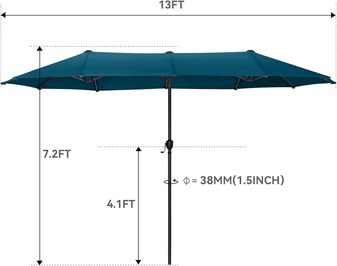 GREEN PARTY 13ft Rectangle Patio Umbrella, Double Sided Outdoor Table Umbrella with Crank & 1.5" Pole, Large Market Umbrella for Poolside Garden Deck Backyard, Cerulean