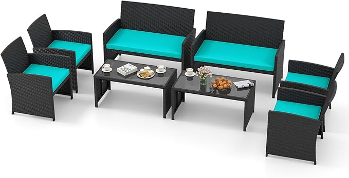 Tangkula 8 Pieces Patio Wicker Furniture Set, Outdoor Heavy Duty Rattan Cushioned Chairs, Loveseat and Tempered Glass Coffee Table, for Backyard, Balcony, Poolside (Turquoised,2)