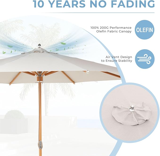Grand patio 11 FT 10-Year-Non-Fading Patio Umbrella, Outdoor Umbrella with 8 Faux-Wood Grain Aluminum Ribs, Market Umbrella with Pulley Lift, Ventilation, Waterproof for Poolside, Deck, Backyard, Gray Fabric