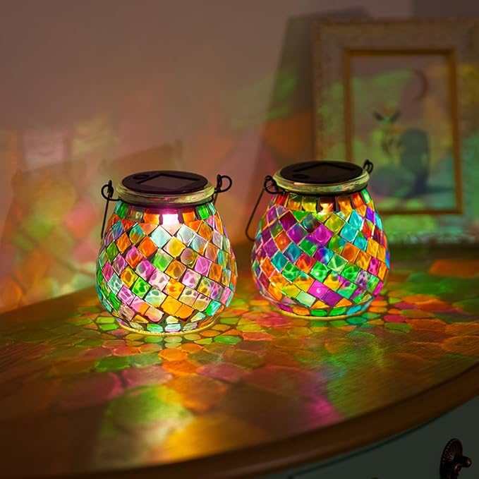 Stargarden 2 Pack Mosaic Solar Lanterns Outdoor Waterproof, Colorful Glass Hanging Lantern Decorative Solar Lights for Yard, Patio, Lawn, Gaden Decor