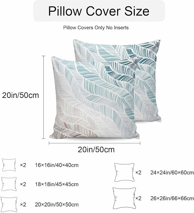 Vandarllin Outdoor Throw Pillows Covers 24x24 inch Set of 2 Waterproof Summer Beach Decorative Zippered Cushion Covers for Patio Furniture, Ombre Blue Abstract Leaf Lines Lumbar Pillowcases