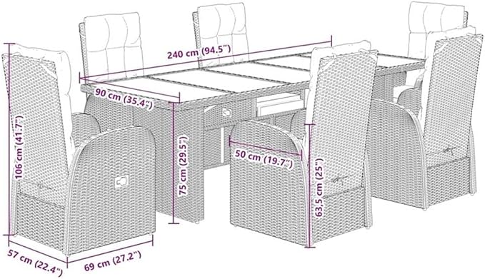 Afuera Living Contemporary Outdoor Dining Set, 7-Piece Rattan and Acacia Wood, Black Finish, Includes Table and 6 Chairs with Cushions, Modern Patio Furniture for Garden, Terrace, Balcony, Seats 6