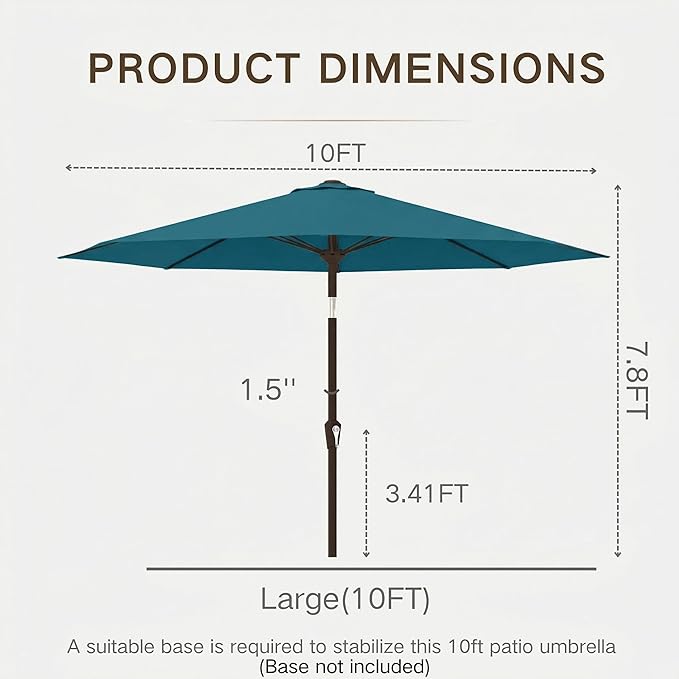 Kingdura 10FT Outdoor Patio Umbrella, Market Table Umbrella with Push Button Tilt and Crank, 8 Sturdy Fiberglass Ribs, UV Protection for Pool, Lawn, Deck, Backyard, Garden (Lake blue)
