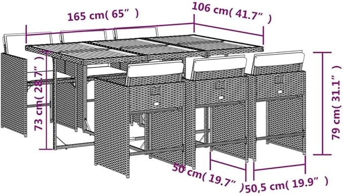 Afuera Living 7-Piece Poly Rattan Patio Dining Set, Brown Finish, Includes Acacia Wood Table and 6 Cushioned High-Back Chairs, Foldable Design, Weather-Resistant, Modern Style Outdoor Furniture for