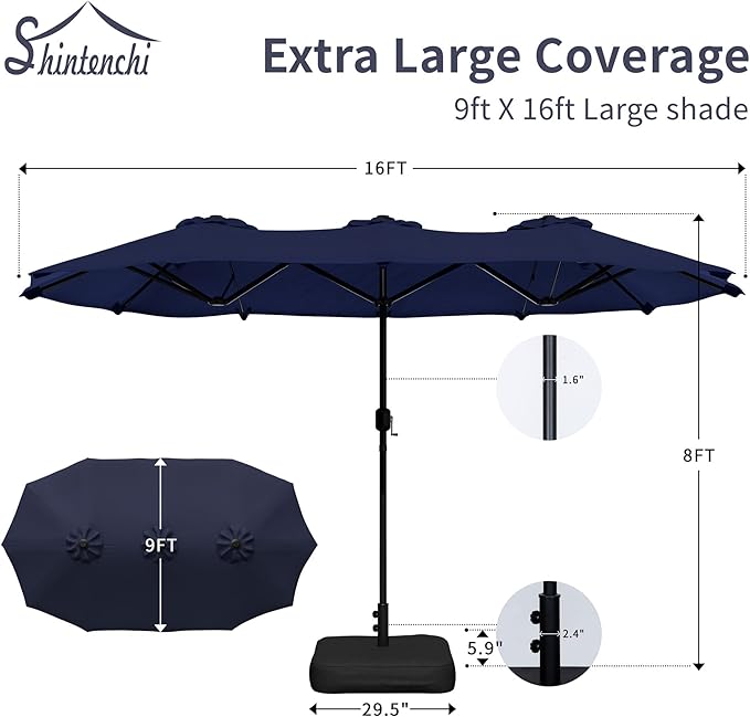 Shintenchi 16FT Large Patio Umbrella with Base Included, Outdoor Double-Sided Rectangular Shade with Crank Handle for Poolside Lawn, Deck & Garden, Dark Blue