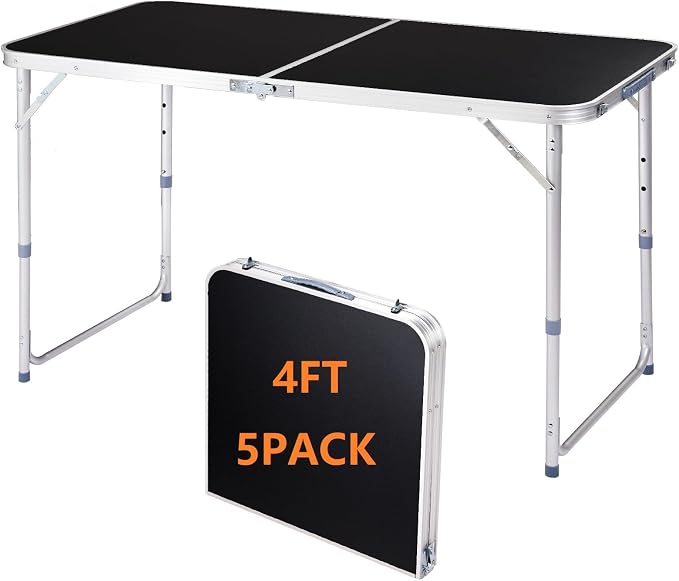 4 Foot Folding Table 3-Position Adjustable Height, 5 Pack Lightweight Foldable Picnic Tables, Waterproof MDF Desktop Aluminum Table for Outdoor Camping BBQ Fishing RV Beach, Carrying Handle
