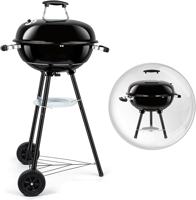 18 Inch Charcoal Grill, Leonyo Portable Barbecue Kettle Grill, Round Smoker with Wheels and Porcelain-Enameled Lid for Outdoor Cooking, Camping, Backyard and Beach, Black