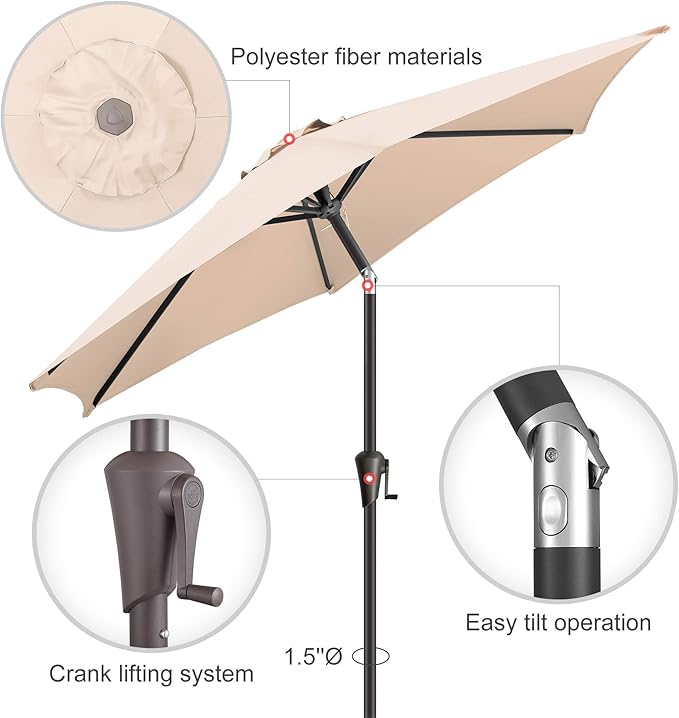 10ft Patio Umbrella Outdoor - Table Umbrella with 6 Sturdy Ribs, Market Umbrella with Push Button Tilt, UV Protection for Pool, Porch, Garden, Deck, Backyard (Beige)