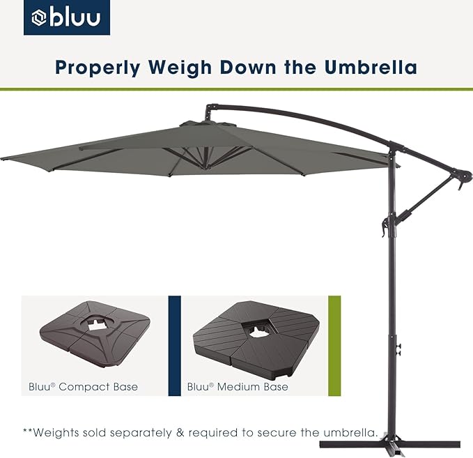 BLUU BANYAN 10 FT Patio Offset Umbrella Cantilever Hanging Umbrellas, 24 Month Fade Resistance & Water-repellent UV Protection, Crank & Cross Base (Grey, 10 FT WITH 600D COVER)
