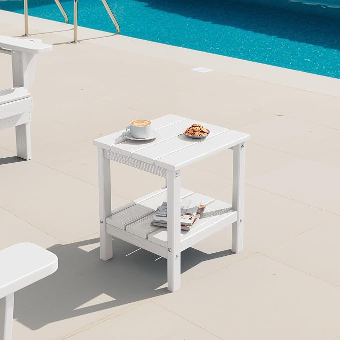 SERWALL 2-Tier HDPE Outdoor Side Table, Weatherproof Rectangular Adirondack Side Table, White