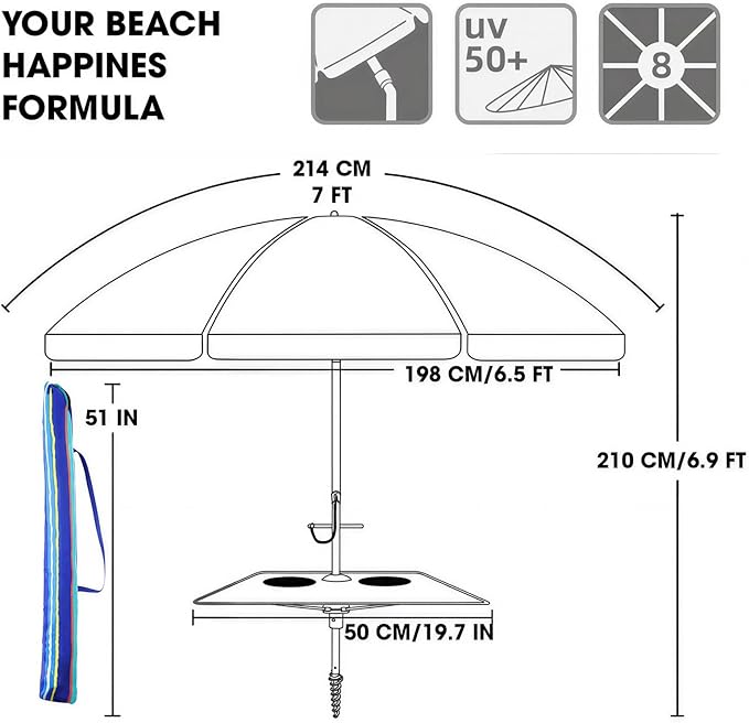 wikiwiki 7ft Beach Umbrella featuring a built-in table, UPF 50+ Protection Beach Umbrellas for Sand with Sand Anchor & Tilt, with Carry Bag and Hook, Dark Blue Stripes