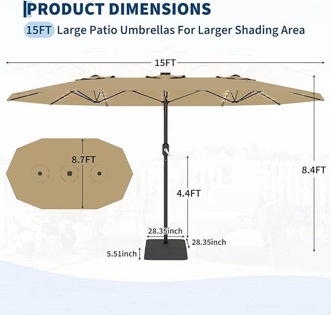 Garvee 15FT Rectangular Patio Umbrella with Solar Lights & Base Included - Large Patio Umbrella with Crank Handle 48 LED Lights, UV Protection for Outdoor Market, Backyard, Deck, Poolside, Khaki