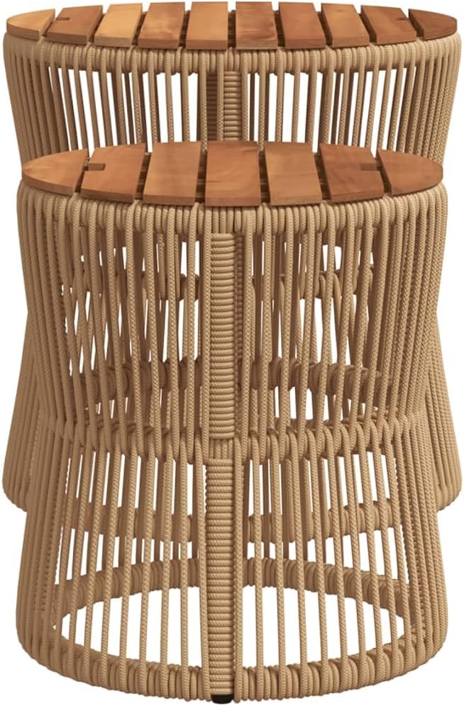 Patio Side Tables 2 Pcs with Wooden Top Beige Poly Rattan, Acacia Wood Outdoor End Tables Set, Powder-Coated Steel Frame for Garden Backyard Patio