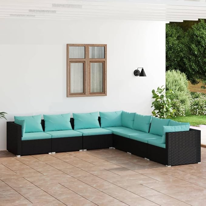 Patio Lounge Set with Cushions,Outdoor Table and Chairs Set,Terrace Conversation Set Furniture,Outdoor Furniture,for Garden,Backyard,7 Piece Poly Rattan Black
