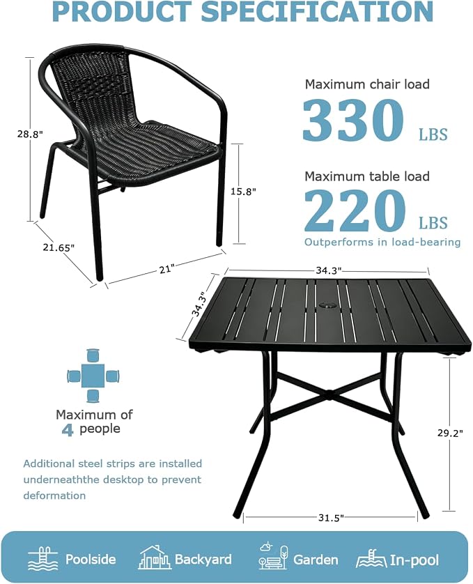 5 Piece Patio Dining Set, Stackable Black Outdoor Rattan Chairs with Metal Table, All-Weather Black & Brown Wicker Patio Furniture Set for Backyard, Poolside, Garden, Bistro