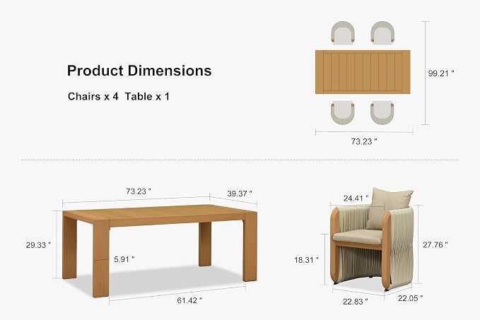 PURPLE LEAF Outdoor Dining Set for 4 with Blended Olefin Cushion Aluminum Luxury Patio Furniture Table and Chairs Set All Weather Wicker Patio Dining Sets for Backyard Garden Deck Pool, Teak