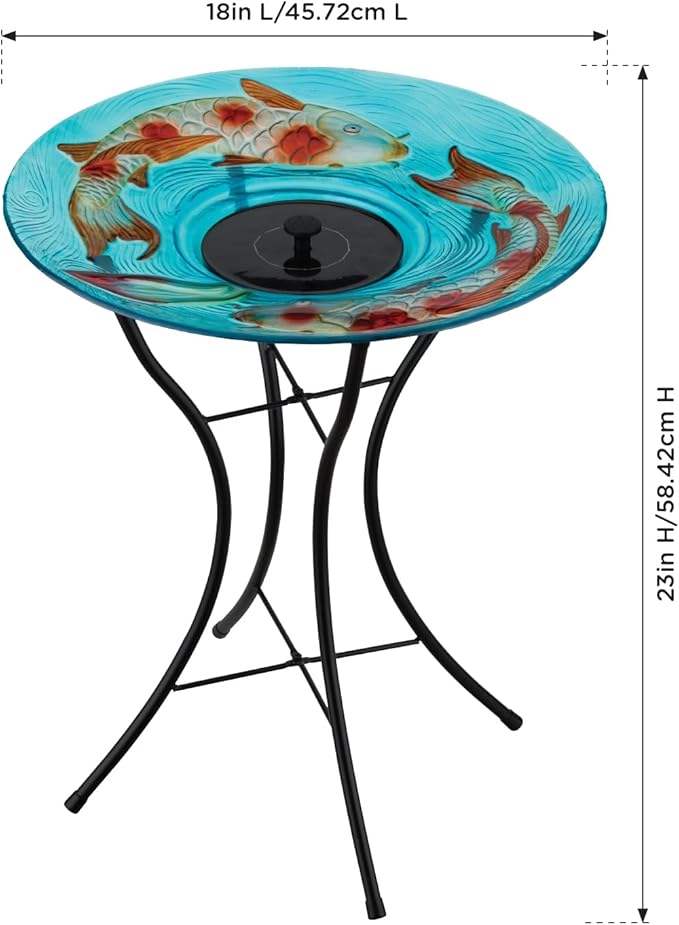 Regal Art & Gift 23" Bird Bath with Fountain - Durable Glass Bowl with Heavy-Duty Metal Stand, Easy to Fill, Ideal for Patio, Porch & Garden Décor - Koi