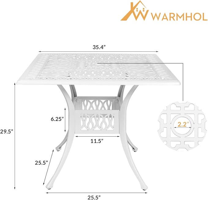 Outdoor Cast Aluminum Patio Table, 35.4” Square Bistro Table with 2.2’’ Umbrella Hole for Patio Furniture Garden Deck Backyard, White