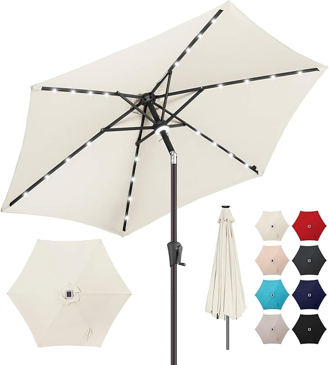 10FT Solar Patio Umbrella - Outdoor Umbrella with Centre Surround Light 24 LED Lights, Market Table Umbrella with Tilt for Pool, Porch, Garden, Deck, Backyard UV Protection (Ivory)
