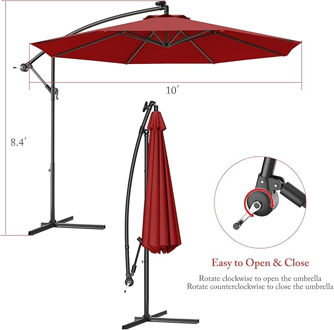 Giantex 10ft Offset Patio Umbrella, Burgundy, Outdoor Hanging Market Umbrella with Crank & Cross Base, Easy Tilt Adjustment, 96% Sunlight Protection