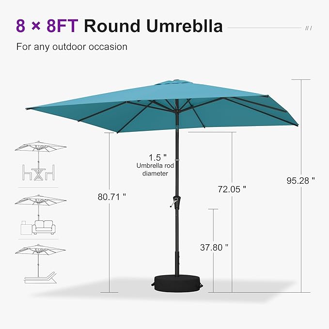 PURPLE LEAF 8' x 8' Square Patio Umbrella Outdoor Table Umbrella Aluminum Frame Market Umbrella with 8 Sturdy Ribs & Tilt for Garden Deck Lawn Pool Turquoise Blue
