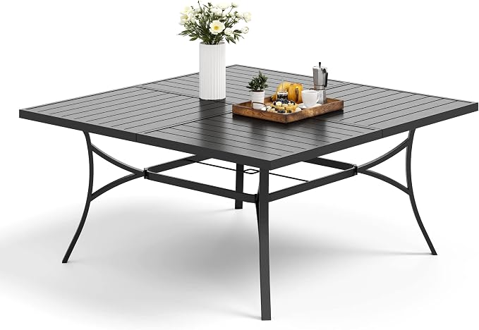 MFSTUDIO 57.5" Square Metal Outdoor Dining Table, Large Patio Furniture 8 Person Table with Umbrella Hole for Deck, Backyard, Lawn,Garden (Black)