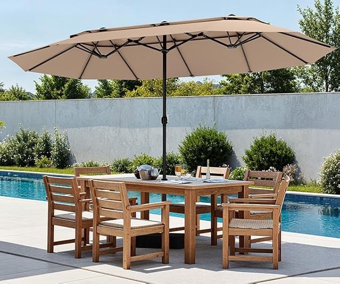PHI VILLA 15ft Large Patio Umbrellas with Base Included, 2-Tier Outdoor Double-Sided Rectangle Market Umbrella with Stand, Outside Umbrellas for Poolside Lawn Backyard, Beige