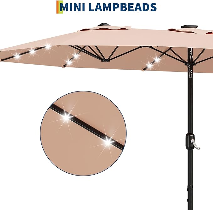GAOMON 15FT Oversized Double-Sided Patio Umbrella with Base, Solar LED Lights 36PCS, Heavy-Duty Fade-Proof Canopy Outdoor Shade for Backyard, Poolside & Deck