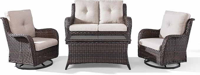 Belord 4 Piece Patio Wicker Furniture Set, Outdoor Swivel Rocker Chairs, All Weather Outdoor Patio Loveseat with Cushion and Coffee Table for Deck Porch, Brown Wicker/Beige