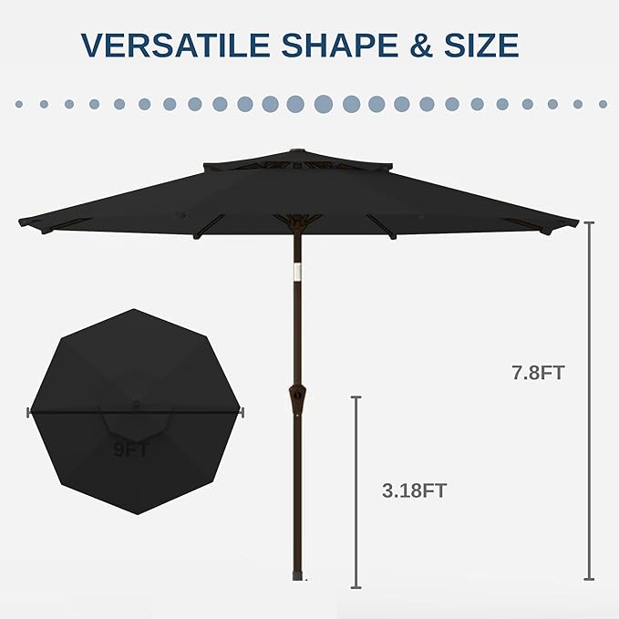 9FT Patio Umbrella 2-Tier Outdoor Market Table Umbrella with Push-Button Tilt & Crank | UPF 50+ & Waterproof for Backyard,Garden,Pool,Deck(Black)