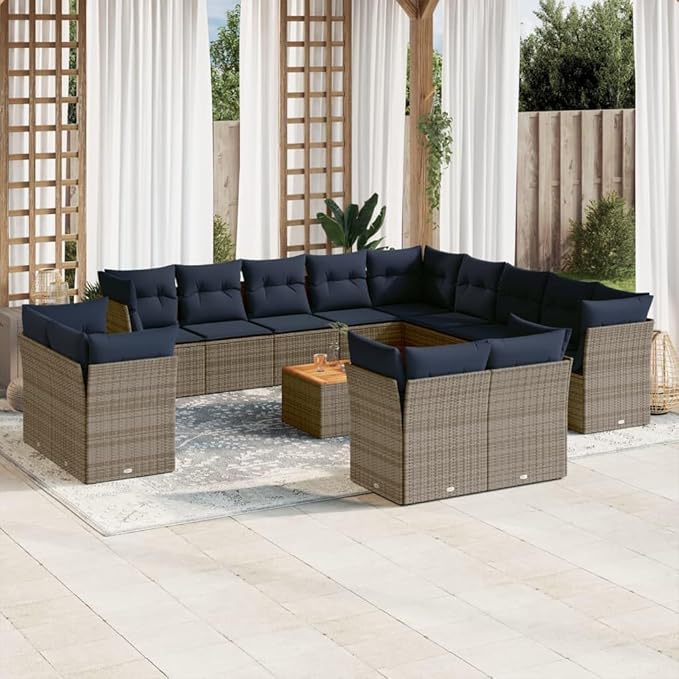vidaXL Patio Sofa Set with Cushions 14 Piece, Outdoor Conversation Set, Patio Furniture Set for Balcony Garden, Modern Style, Gray Poly Rattan