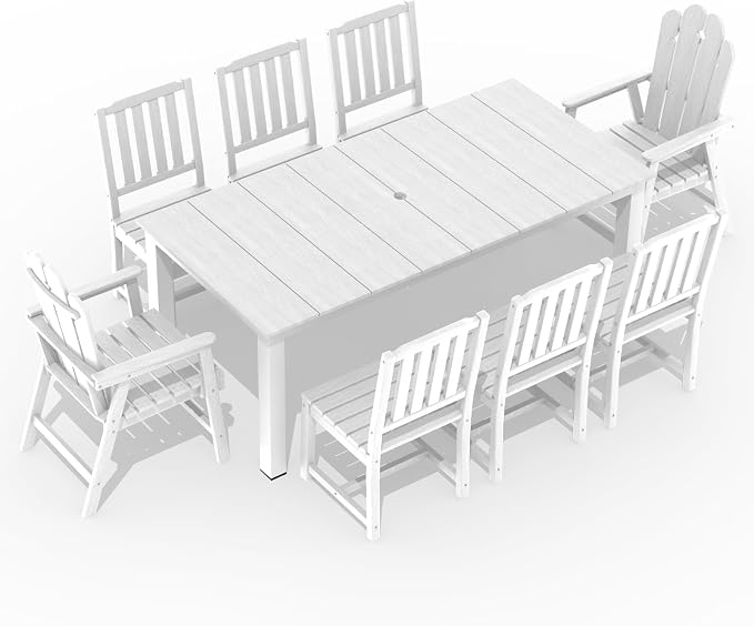 9 Piece Outdoor Table and Chairs Set, HDPE Dining Furniture, White | 75.2” table,8 seat outdoor dining table set, mixed chair HDPE and ALU, moisture and UV, low maintenance outdoor furniture