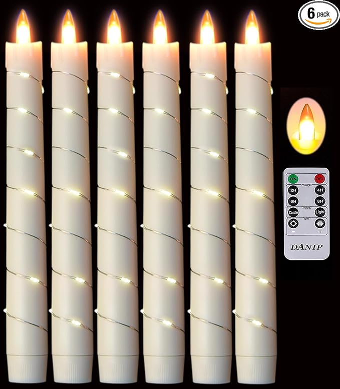 danip flameless Cone Candle, Patented Starlight String, with 11 Timing Key Remote Control, Battery Powered, Patented Simulated Flame, 6 Packs (Ivory Color)