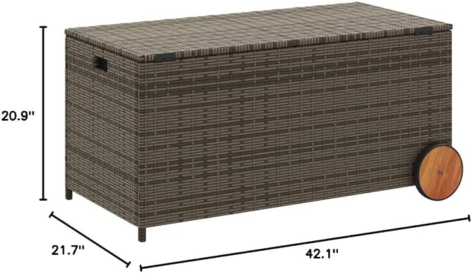Outdoor Garden Storage Box with Wheels, Wicker Patio Deck Box, Outdoor Rattan Storage Container, Gray 50.2 Gal Poly Rattan