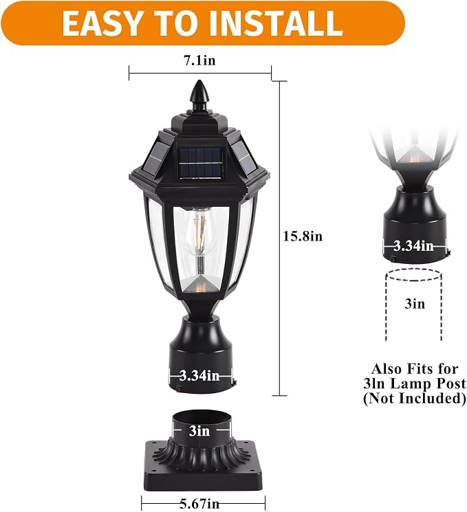 Solar Outdoor Post Lights 1 Pack, Dusk to Dawn Column light with Base | Dusk to Dawn Outdoor Post Light Fixtures, Black Exterior Solar powered Pole Light for Outside Porch Yard Pathway Driveway