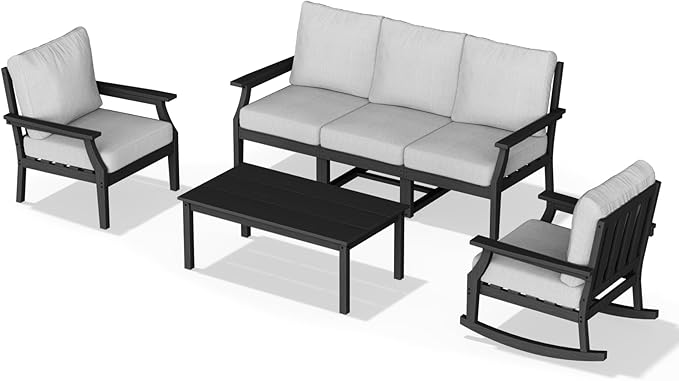 HDPE Patio Conversation Set, 6-Piece All Weather Outdoor Furniture Set with 1 Single Rocking Armchairs for Deck, Lawn, with Cushion, Black