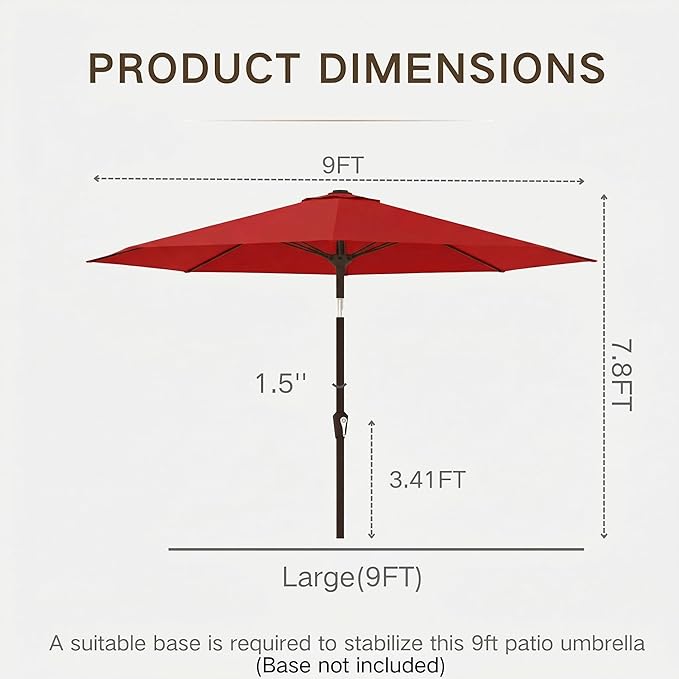 Kingdura 9FT Outdoor Patio Umbrella, Market Table Umbrella with Push Button Tilt and Crank, 8 Sturdy Fiberglass Ribs, UV Protection for Pool, Lawn, Deck, Backyard, Garden (Red)