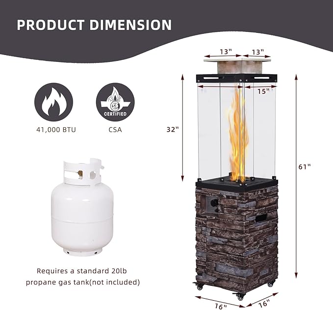Outdoor Patio Propane Fire Heater with Weather Cover Glass 41000 BTU Fireplace Patented & CSA Certificated, Stackstone Brown