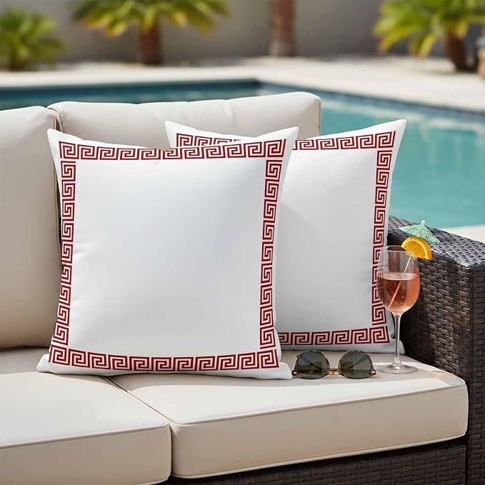 Outdoor Pillow Covers Set of 2, Greece Abstract Inspired Key Pattern Decorative Throw Pillow Covers 16X16IN, Red Twist Lines on White Throw Pillows Protector Cushion Case for Patio,Couch,Sofa,Garden